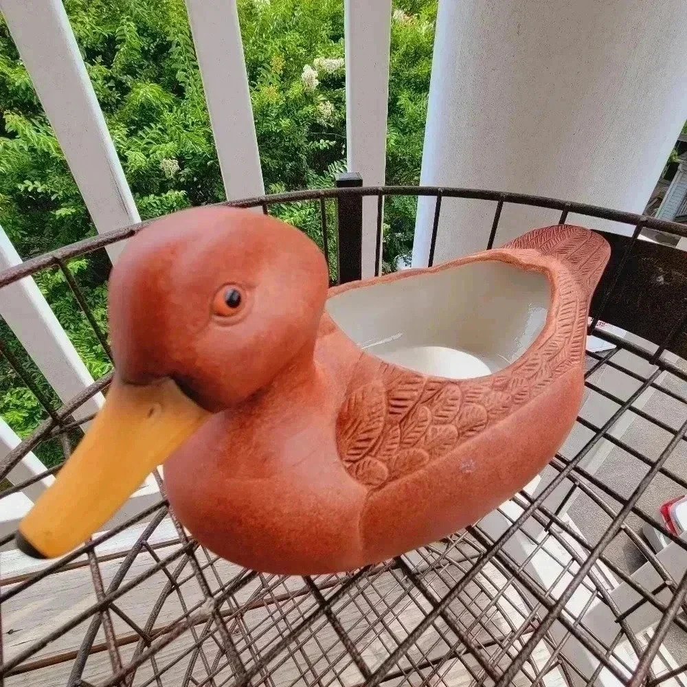 Vintage 1989 Duck Porcelain Bisque Planter Wood Look F.T.D.A. Made In Taiwan - Picture 2 of 12